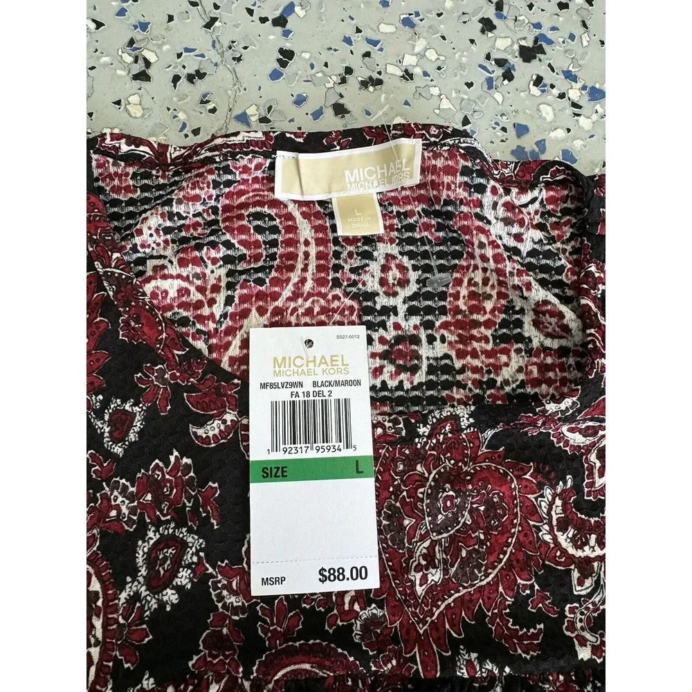 Michael Kors Shirt Womens New NWT‎ Large Maroon Black Flowers Shirt